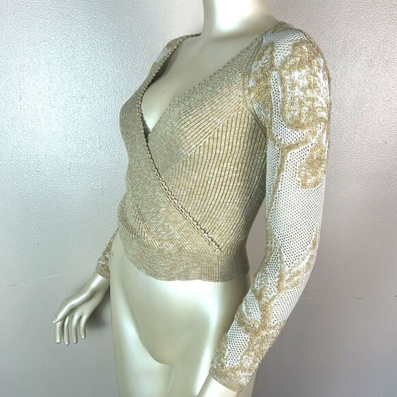 Anthropologie Sweater Lace Sleeves Faux Wrap Beige Boho Romantic small - Picture 6 of 10